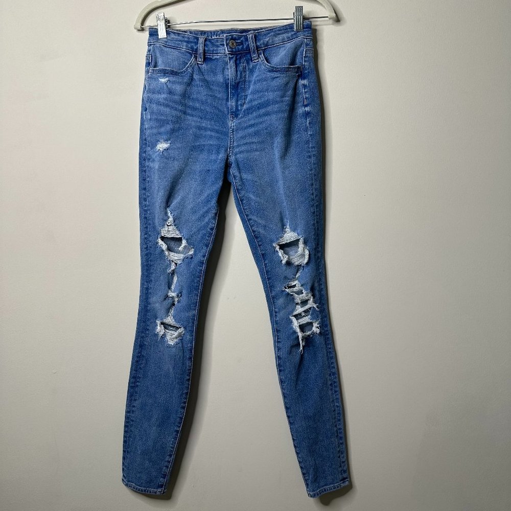 American Eagle Blue Distressed Super Hi-Rise Jegging Jeans Women's 4 Regular